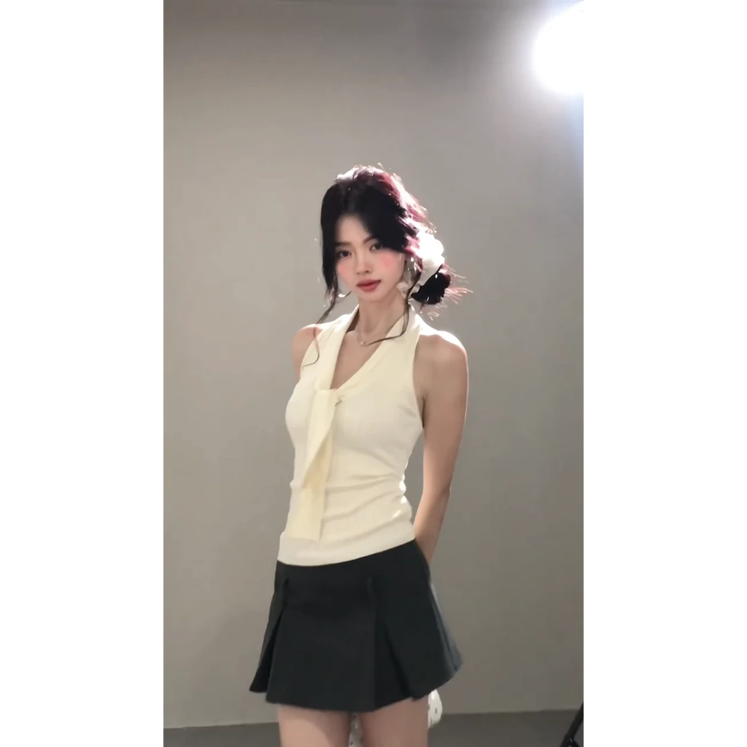 MARIE.COCO法式绑带无袖针织衫女纯欲风高级感上衣气质半身裙套装