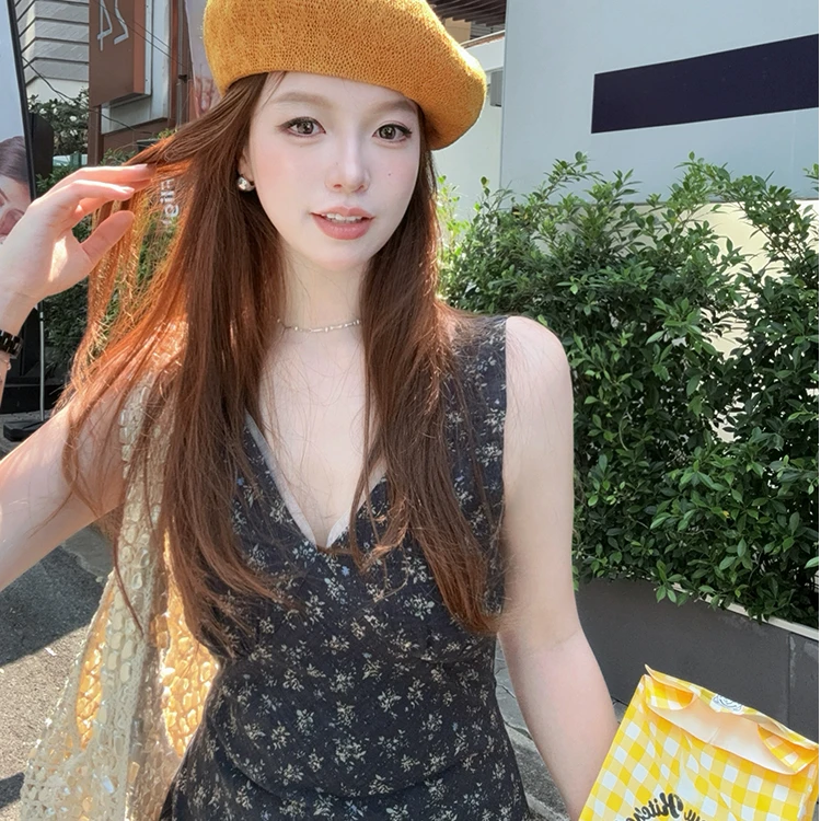 蕾丝刺绣少女背带短裙女V领碎花连衣裙8005