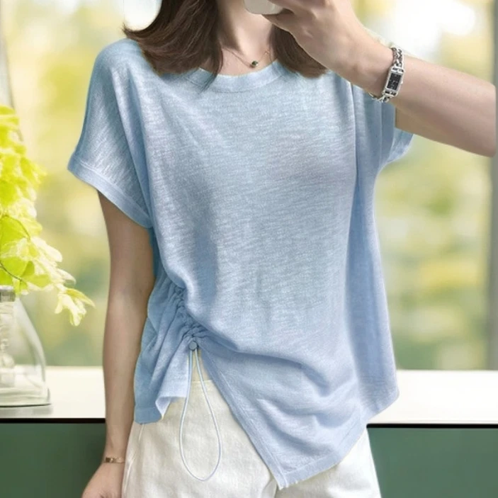 雪花棉T恤女2025年夏装不规则抽绳短袖设计减龄显瘦上衣洋气衣服