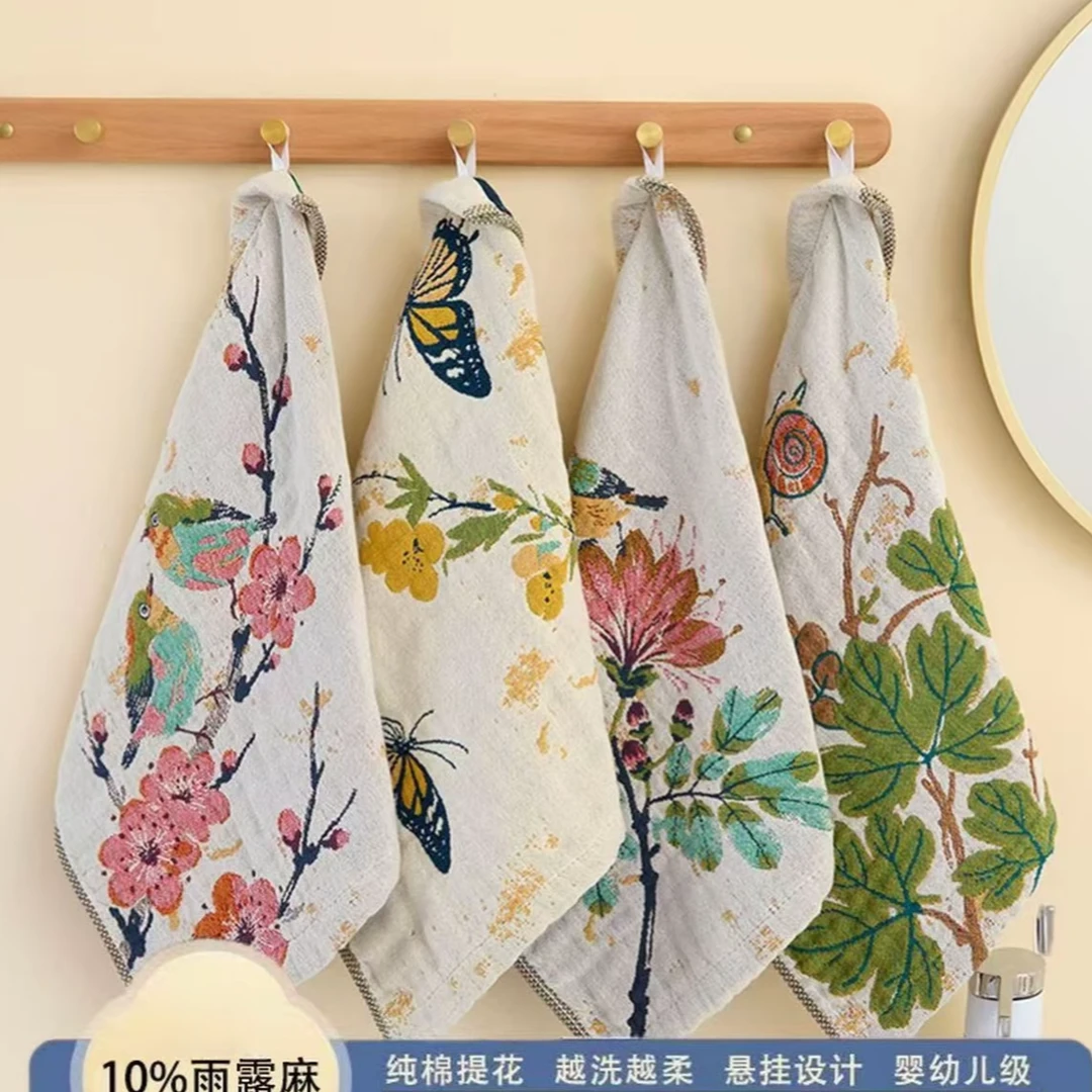 4条装棉麻方巾36*36加大加厚多功能纱布家用组合毛巾花香蝶语