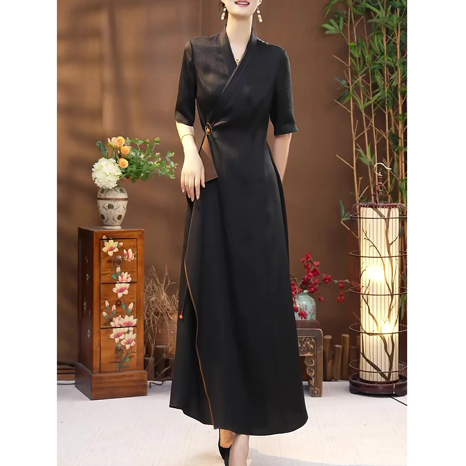 新中式文艺改良旗袍连衣裙2025秋装新款高贵气质收腰显瘦复古长裙