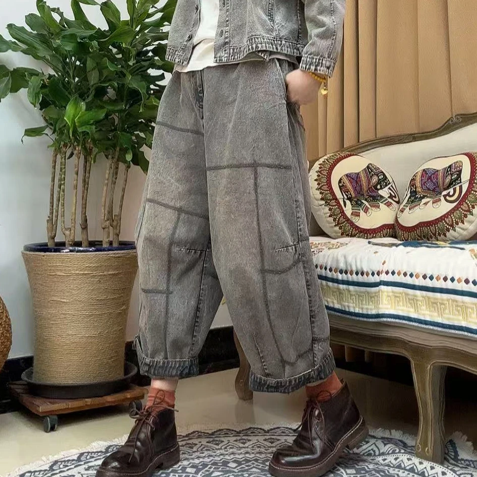 本古佳0803九分牛仔萝卜裤138*88复古做旧 休闲气质百搭 宽松透气