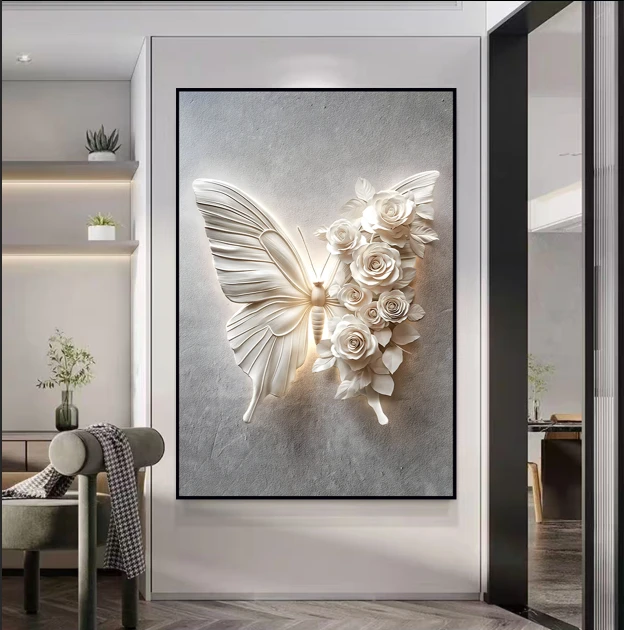 蝶满花香晶瓷哑光高级玄关挂画立体感艺术客厅沙发背景墙壁画
