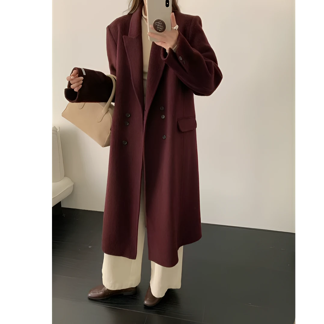 009羊毛双面尼大衣双排小扣西装领长款胸围120衣长109