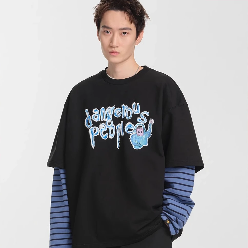Dangerouspeople薛之谦dsp宽松条纹慵懒假两件时尚百搭潮长袖T恤