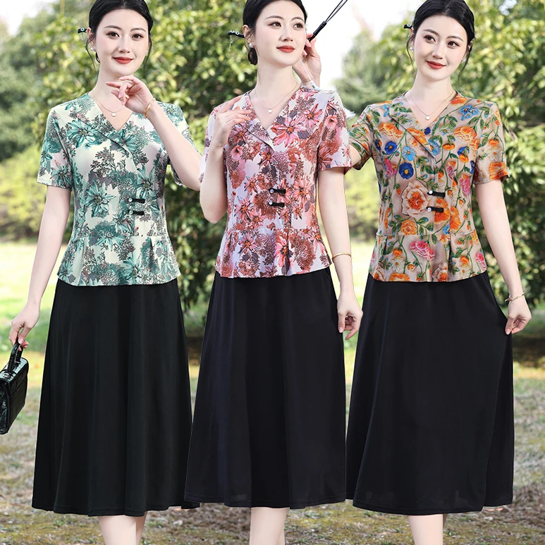 中年妈妈夏装中式假两件连衣裙2025新款中长款气质显瘦大码裙子