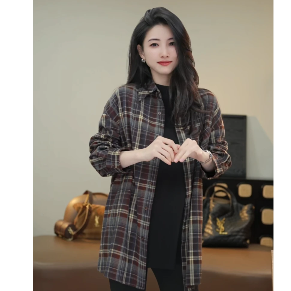 小乖逃双色！时尚设计感黑色绿色格子衬衫翻领复古宽松秋季N95295