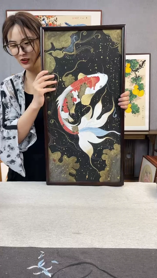 国画手写手绘带框作品-35*68-锦鲤