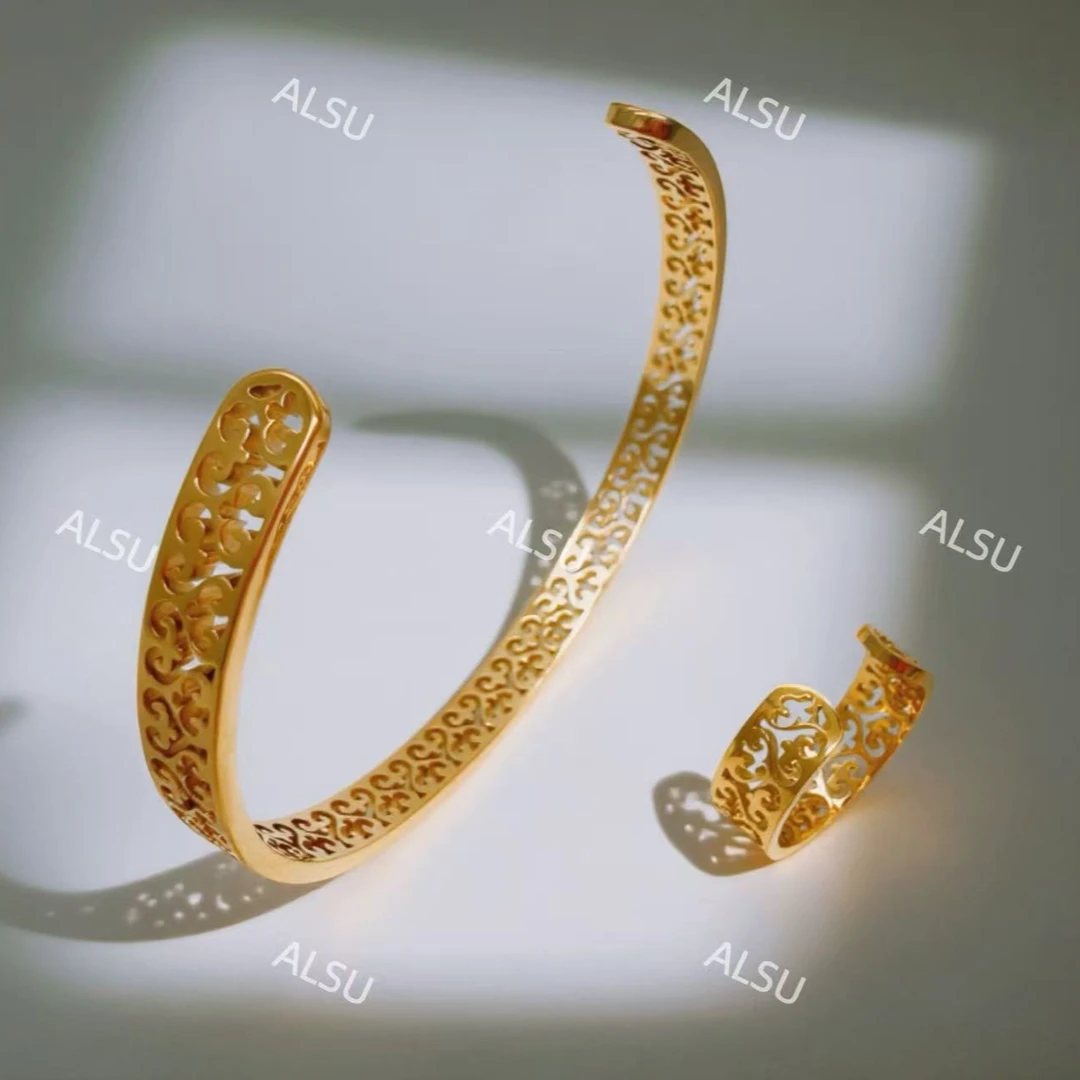 合金手镯 ALSU原创经典镂空细款民族风手镯戒指两件套百搭时尚