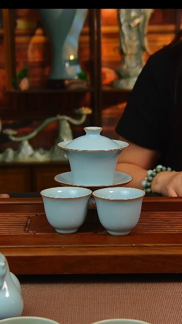 瓷片超薄胎马蹄盖碗带两杯，一级品