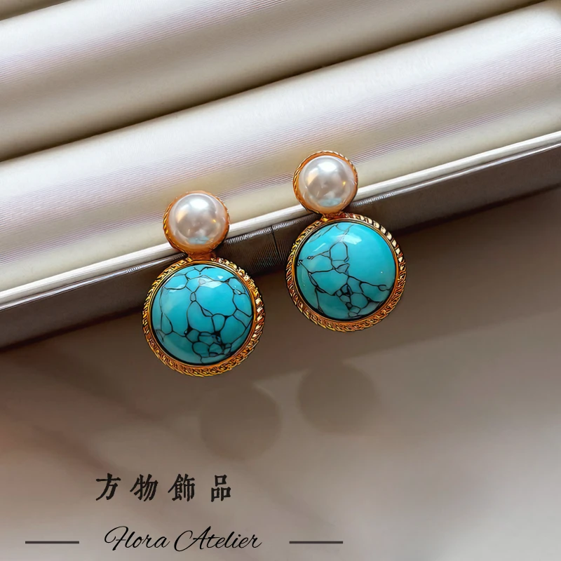 铜合金耳饰 小众复古气质天然石珍珠耳钉高级感民族风新中式耳饰