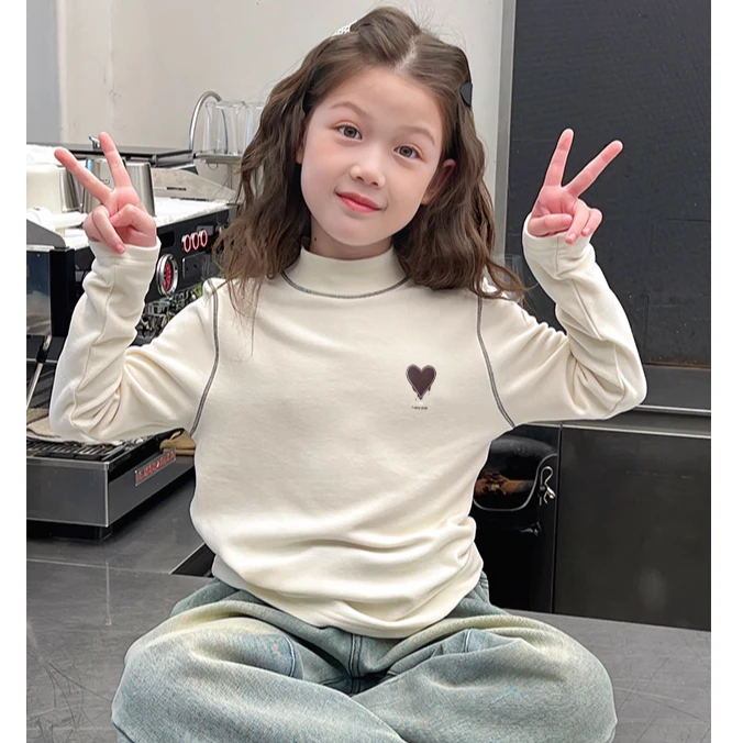 儿童爱心双面德绒打底衫内搭秋冬洋气加厚长袖T恤半高领保暖上衣
