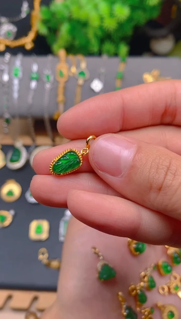 吊坠(不含链)银S925镶嵌翡翠树叶