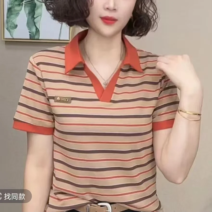 2025夏款条纹T恤POLO领时尚女C洋气减龄妈妈装休闲薄款短袖上衣女
