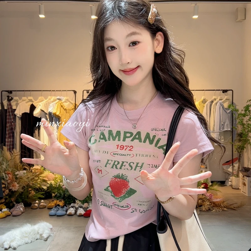 【闵笑一】复古草莓 五一出游圆领洋气韩版卡通上衣夏季短袖t恤
