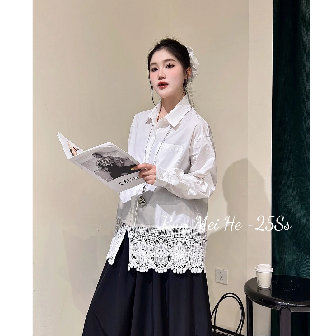 【no退no换 谨慎下单】下摆蕾丝拼接发圈翻领衬衫女 A77013