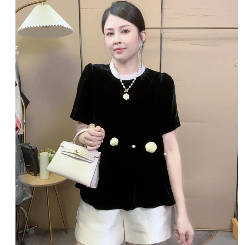 深圳南油慕慕 洋气时尚手工编织花朵100%桑蚕丝真丝丝绒上衣