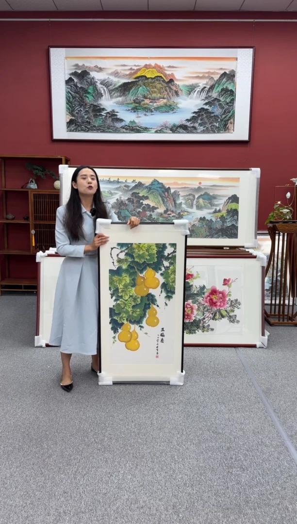 国画手绘  五福图  125*65