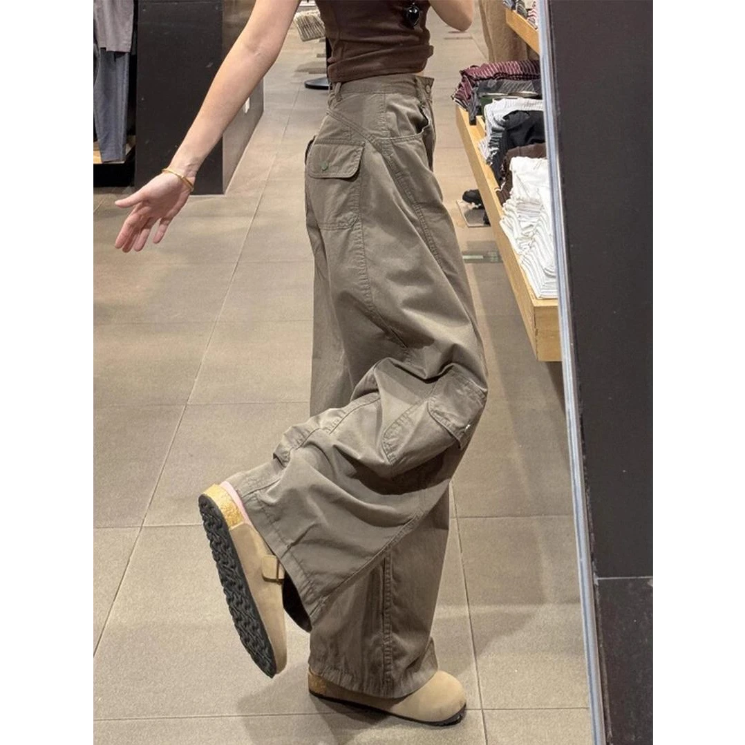 灰绿色美式工装弯刀牛仔裤女秋季新款高腰显瘦宽松弛感阔腿休闲裤