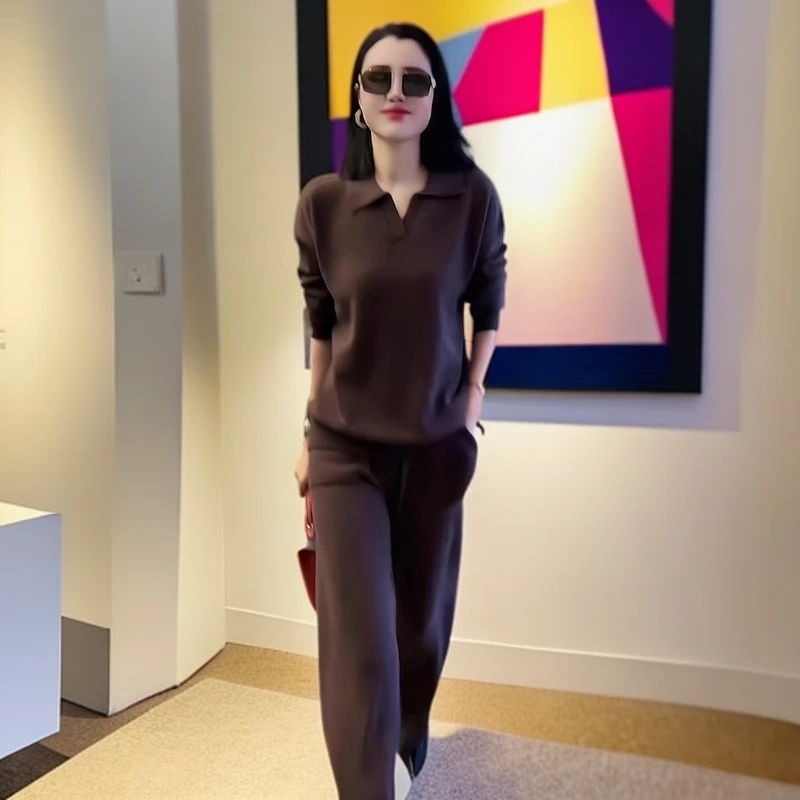 2025春款盐系炸街高级感通勤Polo领长袖T恤阔腿裤套装休闲减龄