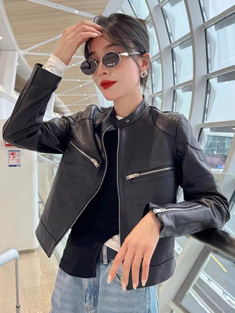 海宁2024秋季新款真皮皮衣女短款绵羊皮圆领皮夹克拉链油蜡皮外套