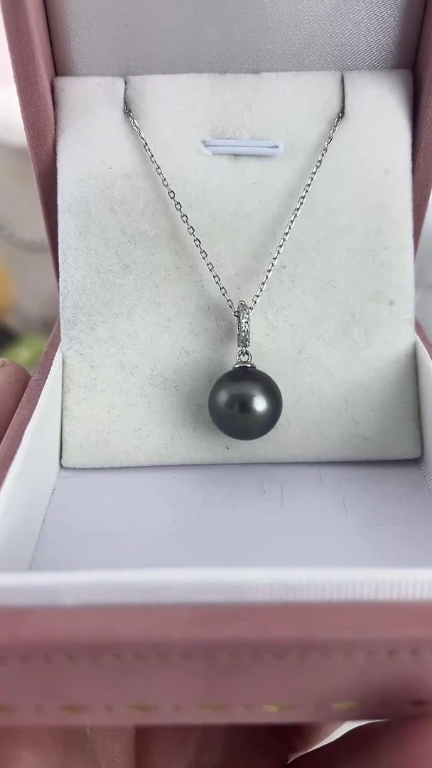 颈饰银S925镶嵌海水珍珠天然珍珠极光大溪地铂晶灰吊坠12-13