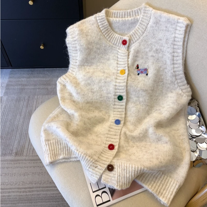 腊肠狗刺绣韩系设计感针织马甲女春季款独特坎肩马夹软糯毛衣背心