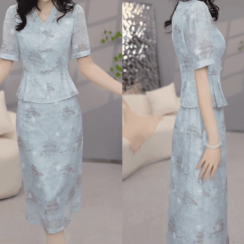 上衣+半身裙2025春季洋气减龄温柔气质设计感修身显瘦套装M-4XL