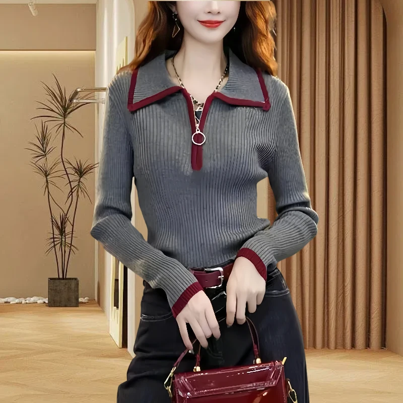 秋冬季修身红色毛衣显瘦洋气上衣女新款时尚翻领毛针织衫撞色百搭