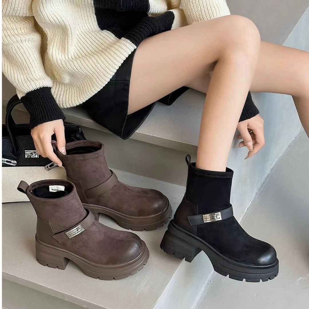 秋冬新款韩版通勤瘦瘦简约粗跟裸靴短靴815-1(加绒)