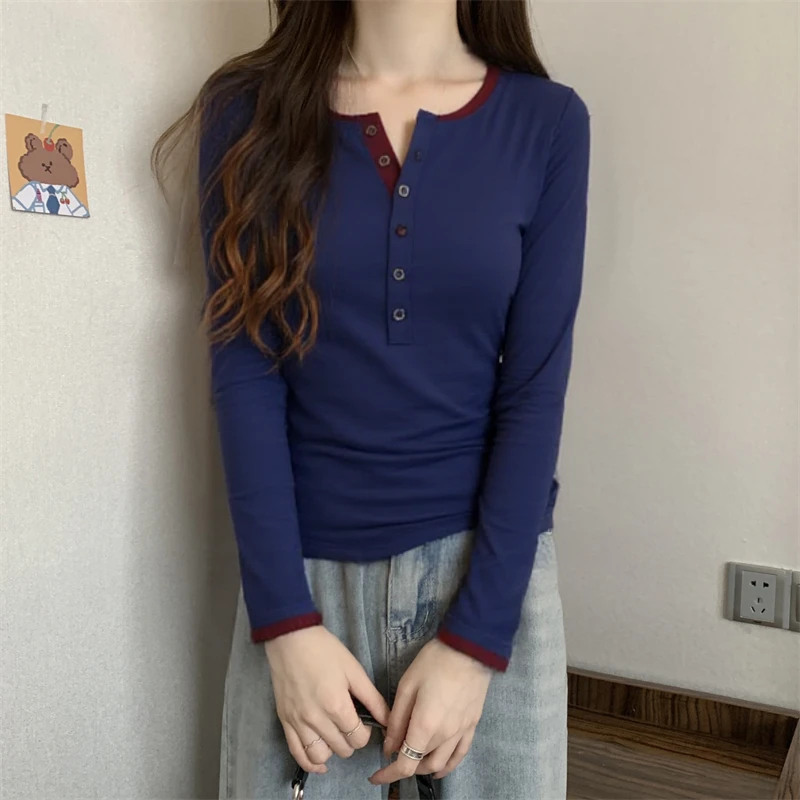 设计感撞色排扣长袖打底衫女春秋季正肩显瘦修身莫代尔休闲上衣