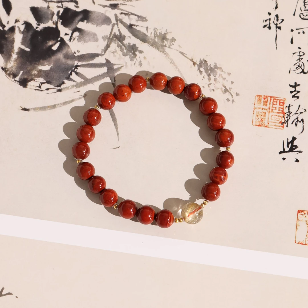 南红手链*18k金镶嵌*火焰纹*发晶*z0002b399***