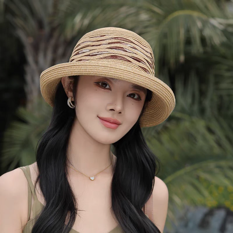 复古日系度假遮阳草帽女士夏天透气凉帽卷边盆帽可折叠防晒遮阳帽