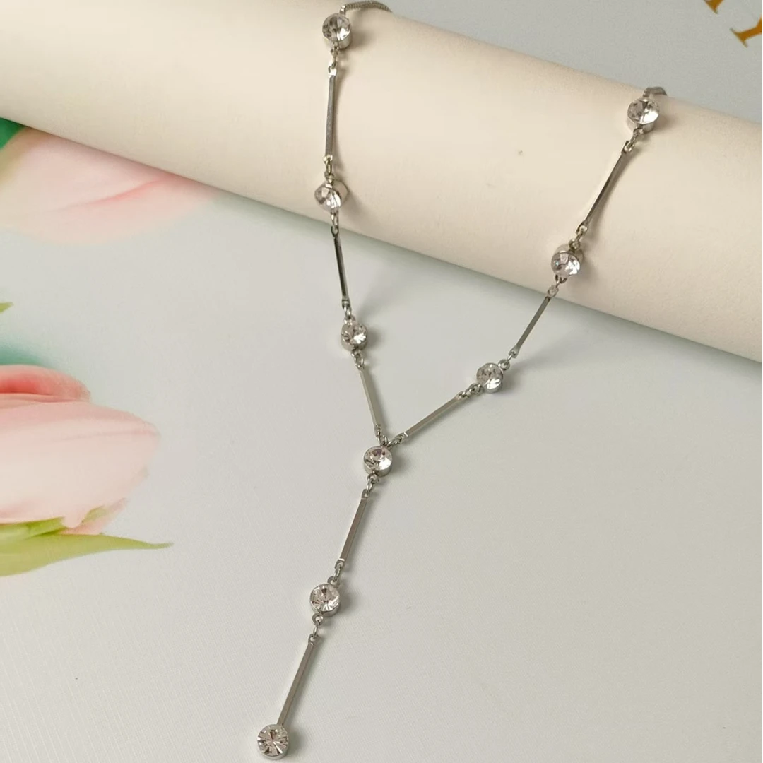 铜合金玻璃项链 铜合金项链【Y字流苏】高级白色小众轻奢项链S021