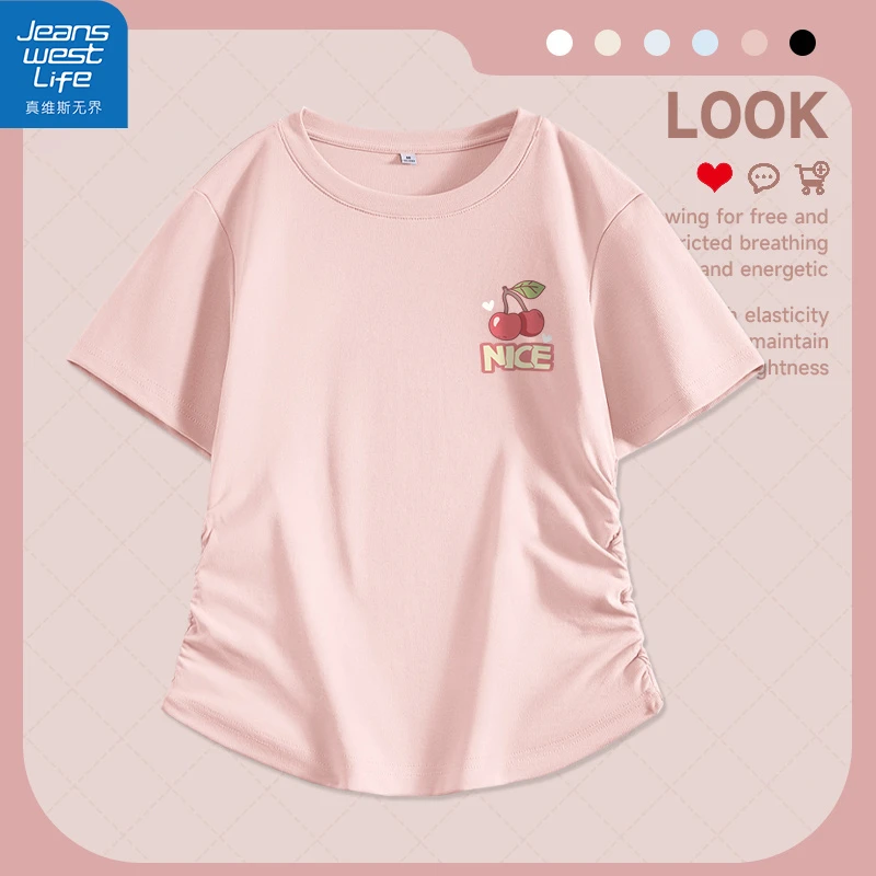 真维斯无界短袖印花甜辣风正肩短款女T恤夏季运动女士卡通上衣