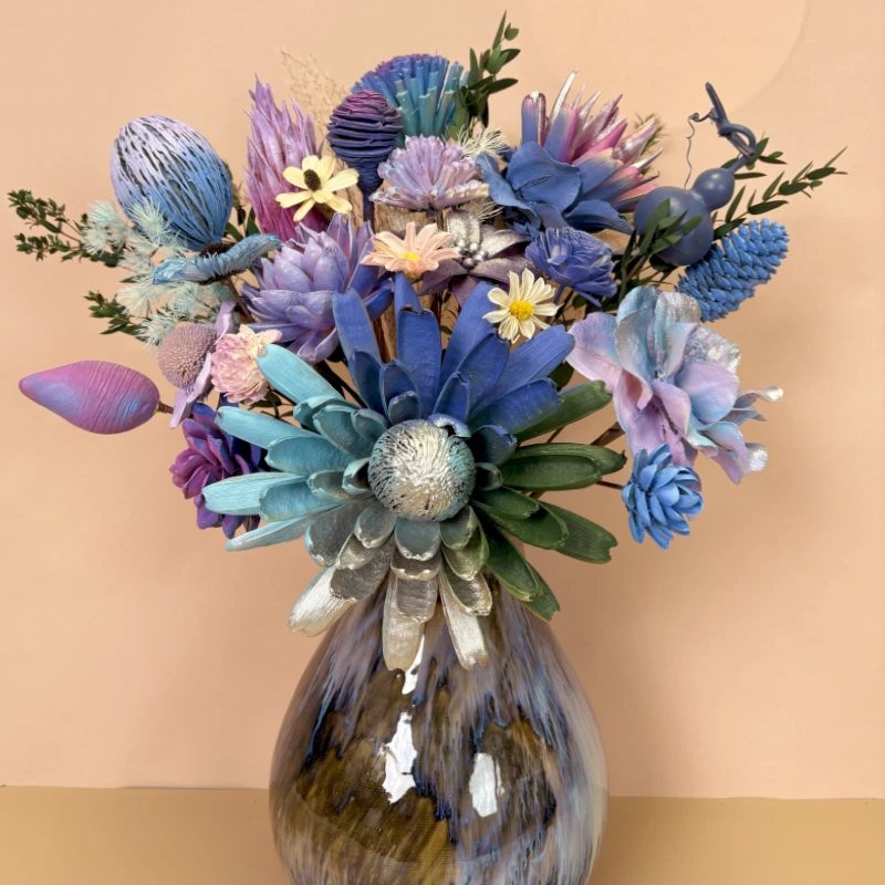 油画系列蓝紫色手工干花花束多面观台面摆放家装装饰