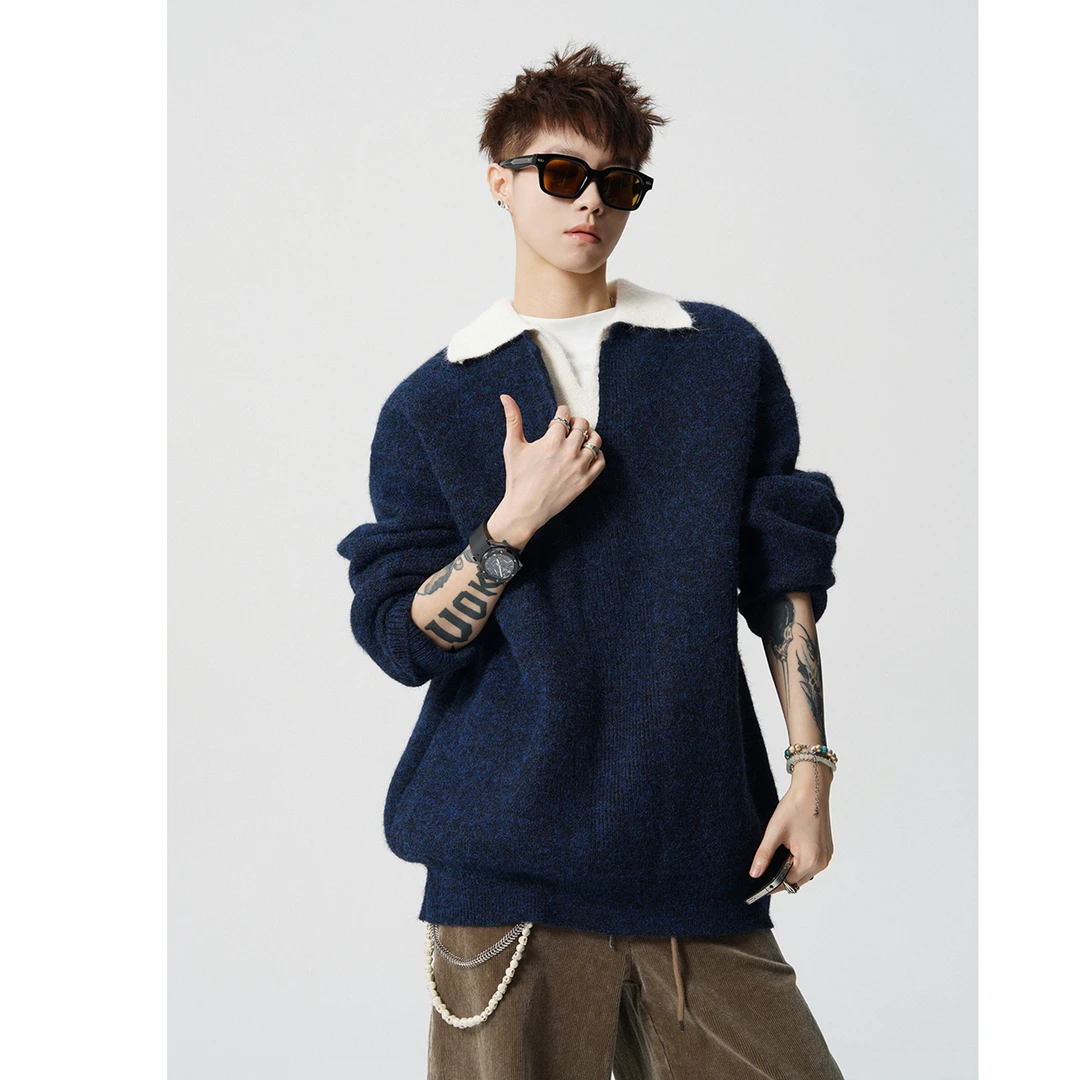 英伦风翻领假两件重磅毛衣男高智感穿搭潮针织衫高级感保暖打底衫