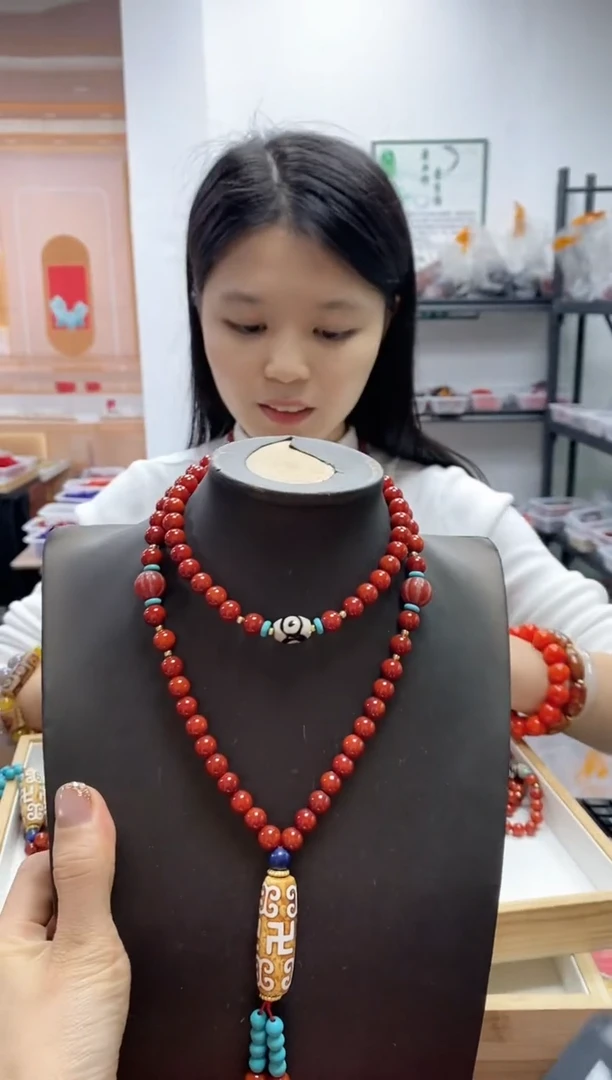 未镶嵌项链玛瑙/玉髓火焰红玛瑙项链配藏珠设计款8mm