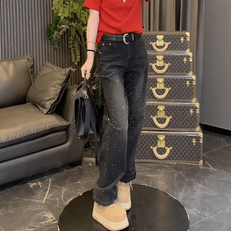 秋冬新款满天星牛仔直筒裤小众潮流高级感加绒加厚显瘦窄版阔腿裤