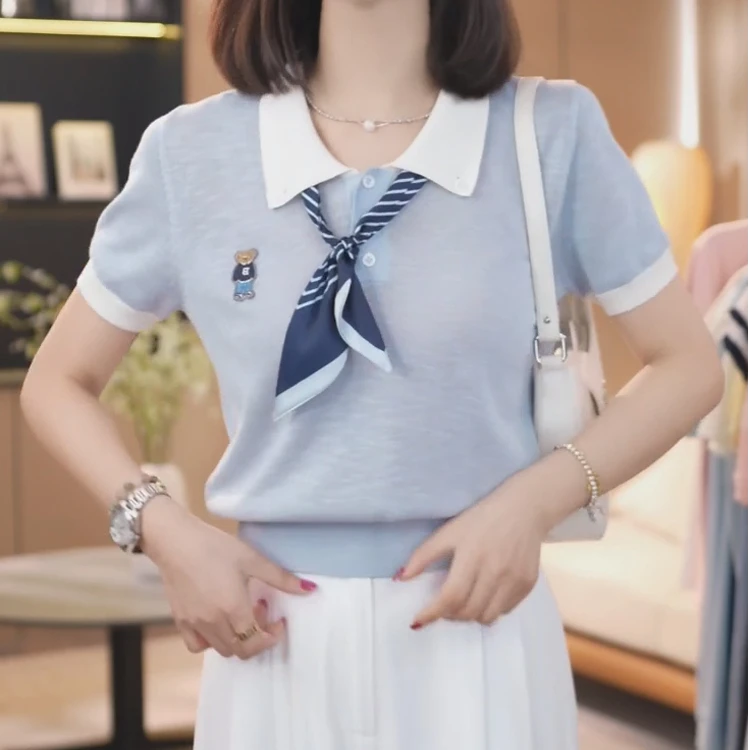 夏季新款撞色翻领冰丝短袖polot恤女款小熊短袖针织毛衣女秋冬