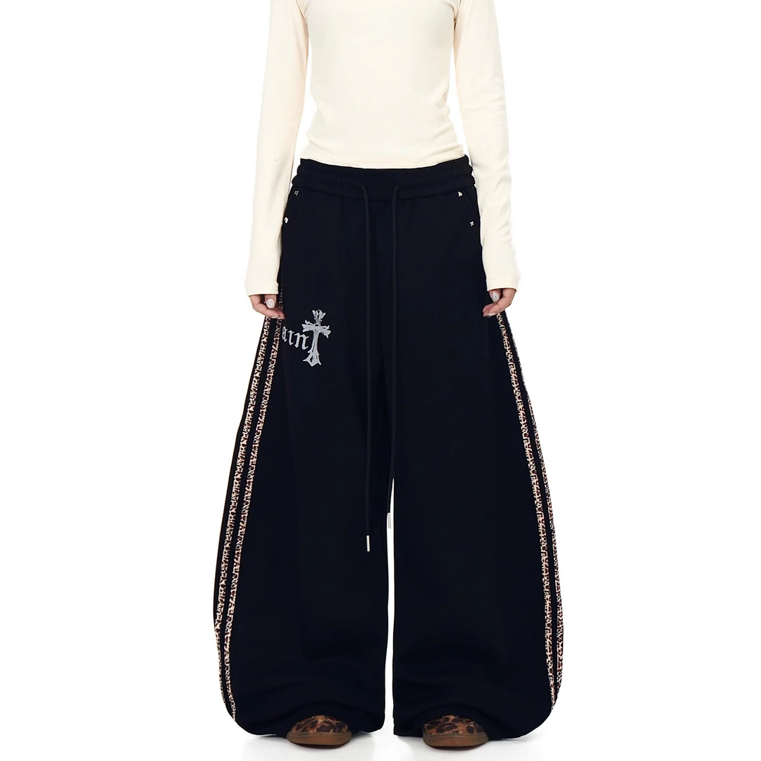 美式潮牌重工豹纹拼接铆钉弯刀卫裤女男亚比宽松阔腿裤