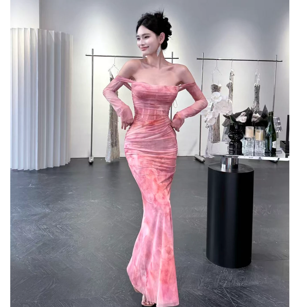 【JINGGUO轻奢】小众设计法式浪漫仙气扎染鱼骨一字肩连衣裙7524