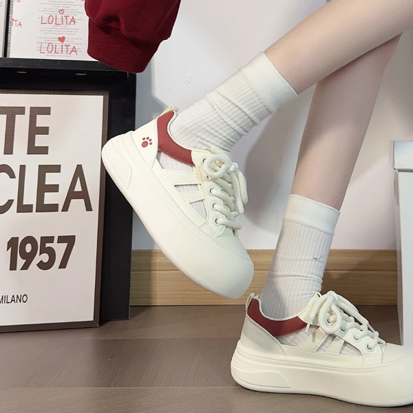 人本厚底镂空透气小白鞋女2025新款学院风大头鞋显脚小韩版板鞋子