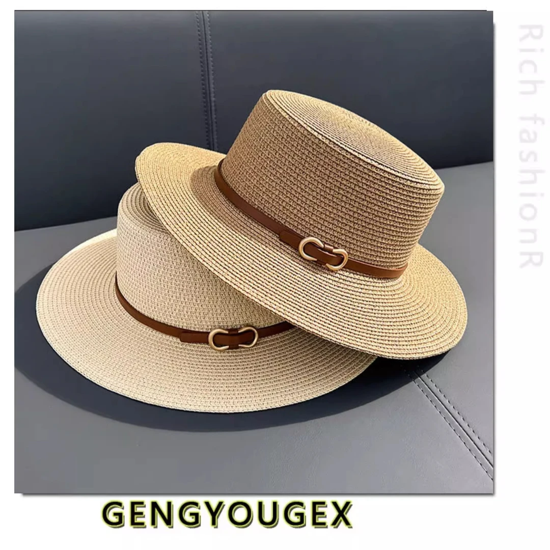 平顶草帽女夏季海边防紫外线遮阳防晒帽网红日系小清新草编礼帽