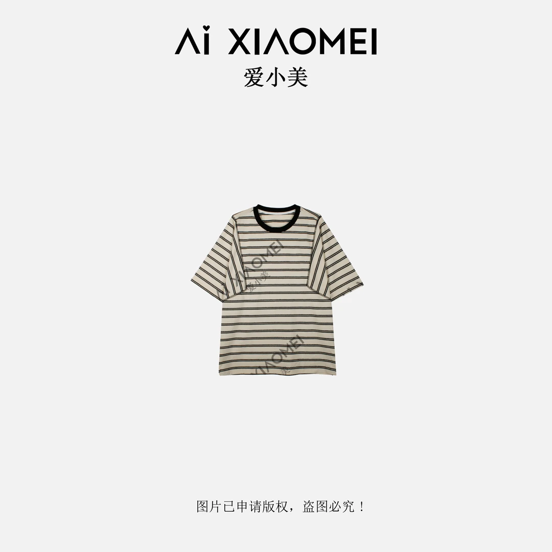Aixiaomei/爱小美夏季宽松圆领时尚条纹撞色简约短袖T恤SY-1304