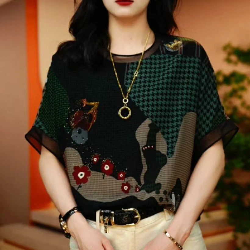 逸趣繁花-夏季新款高级感洋气时尚百搭显瘦短袖圆领上衣