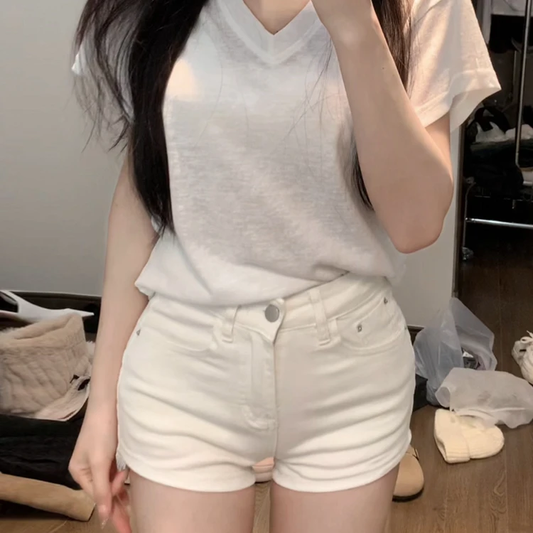 美式辣妹白色牛仔短裤女夏季新款复古高腰弹力紧身显瘦包臀热裤子