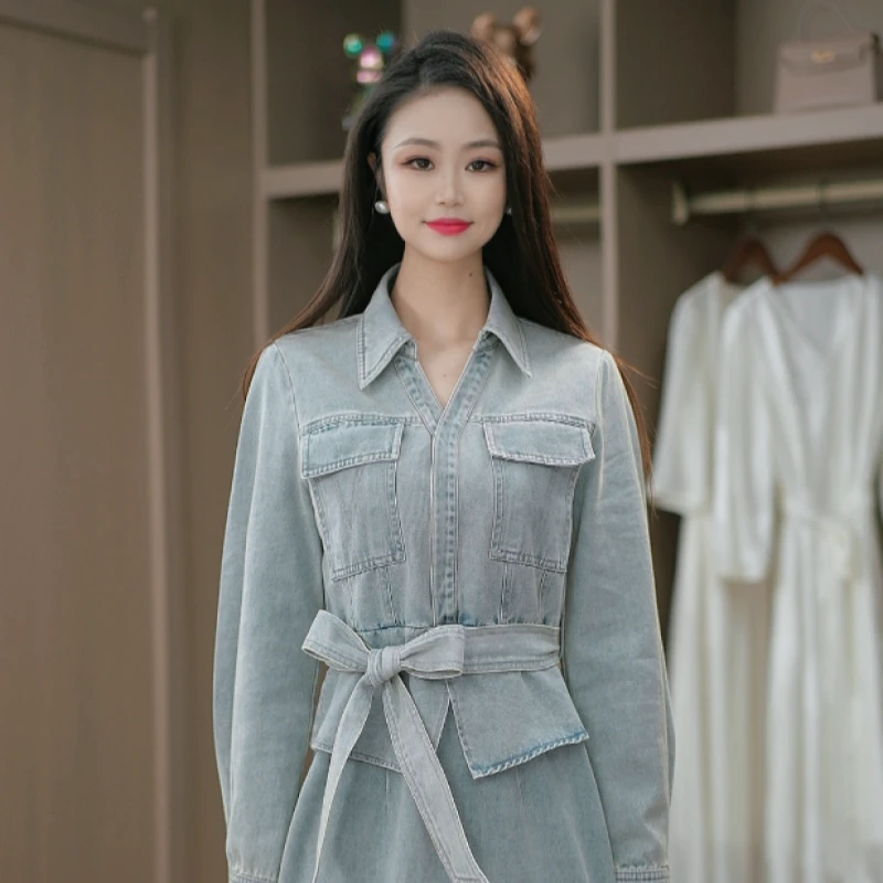 春季新款牛仔修身显瘦遮腰假两件连衣裙M-4XL