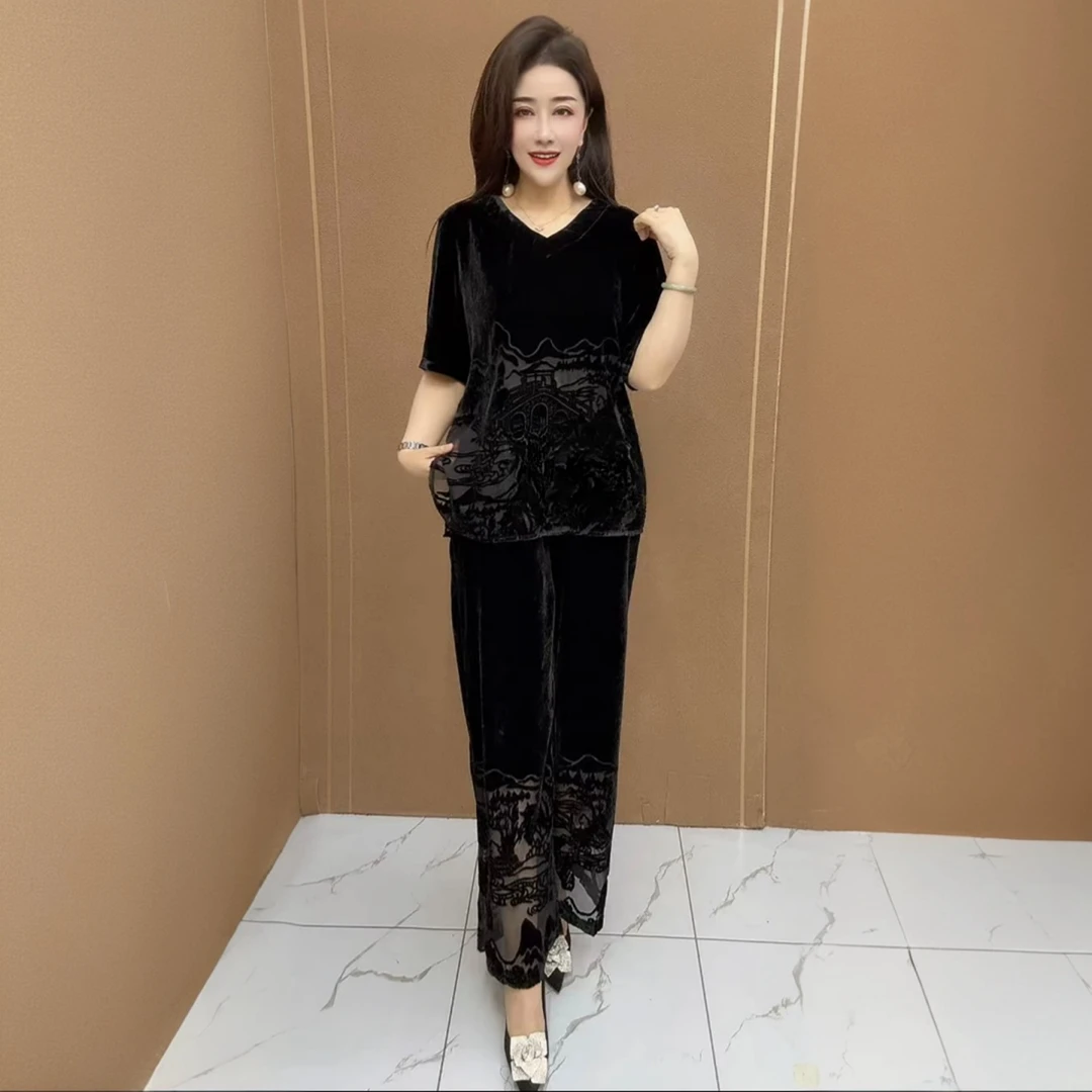 2527黑色V领短袖套装夏季新款洋气显瘦微透大码上衣裤子两件套