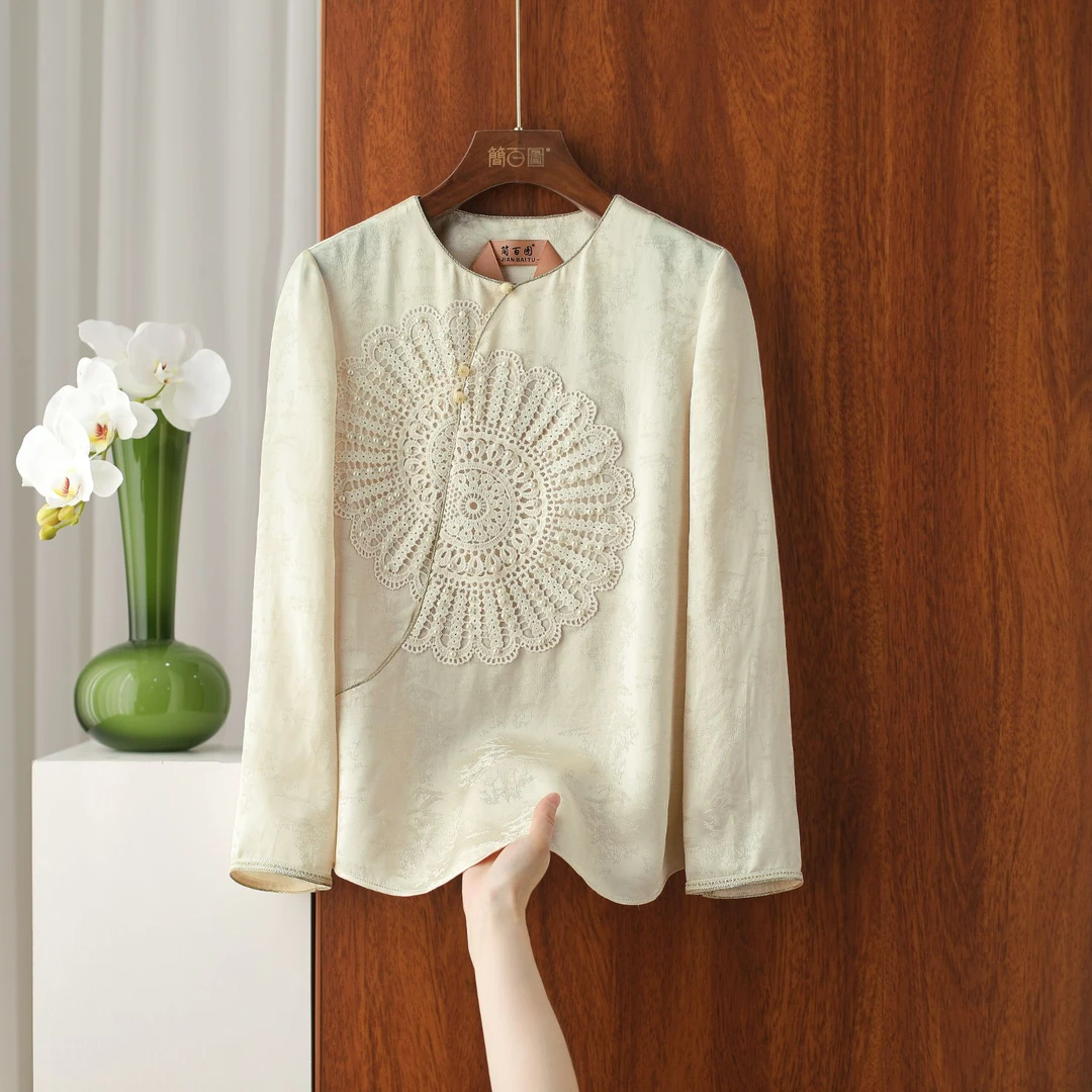 简百图-VV【连珠】长纤亚麻新中式汉白玉上衣圆领重工手工钉珠衬衫